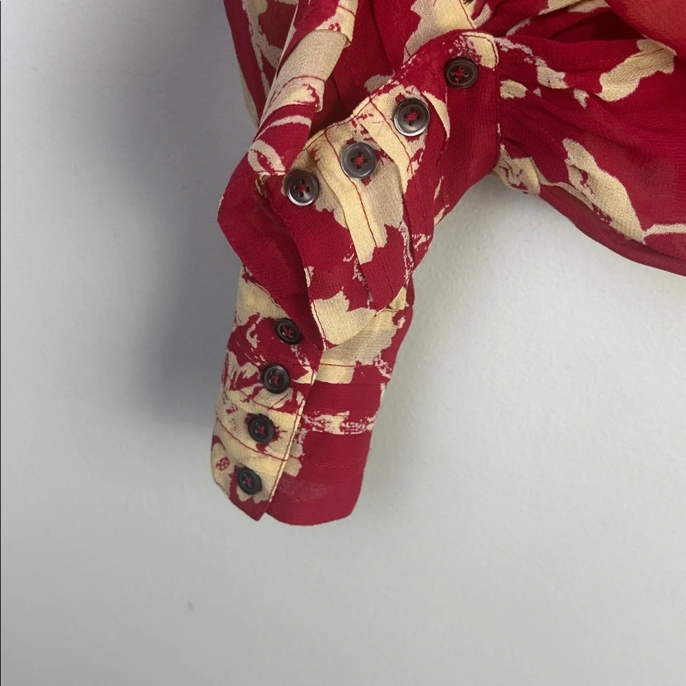 Free People Red Floral New Final Rose Cropped Shirred Blouse SM Long Sleeve Top